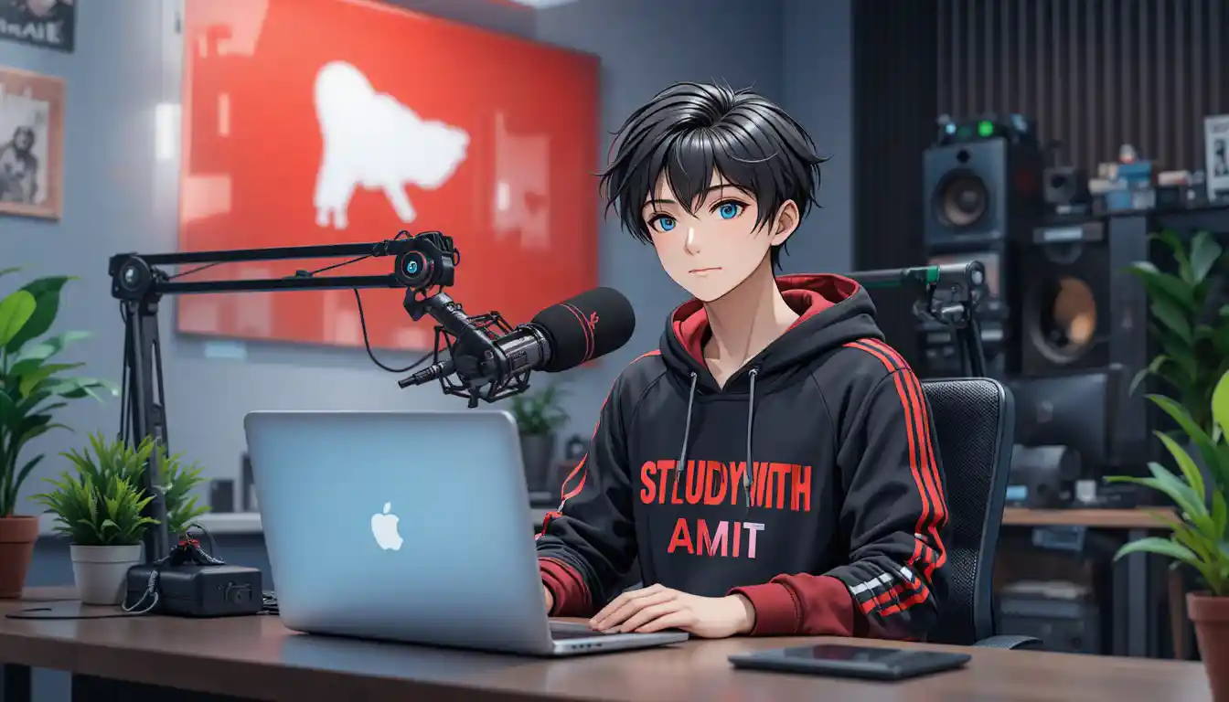 Anime boy streaming at a computer desk with microphone