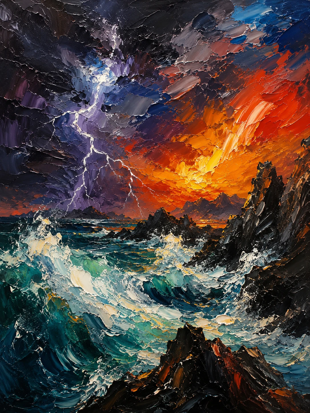 Abstract stormy seascape with crashing waves and lightning