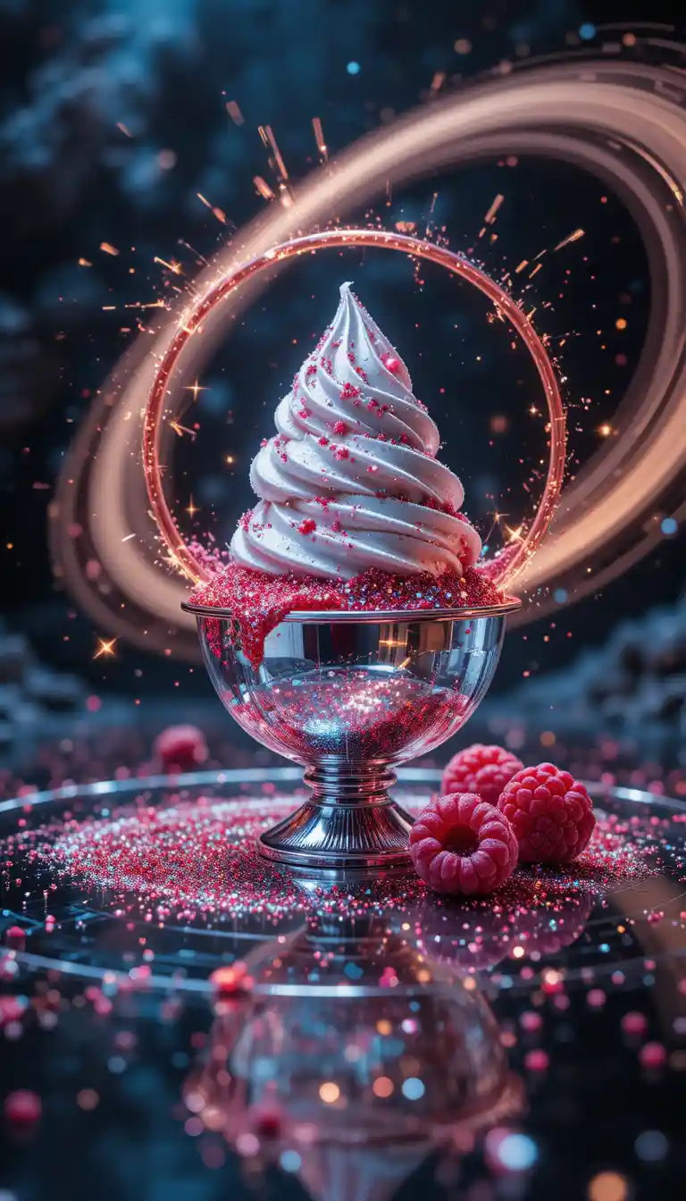 Silver ice cream bowl with sparkling raspberry foil circles