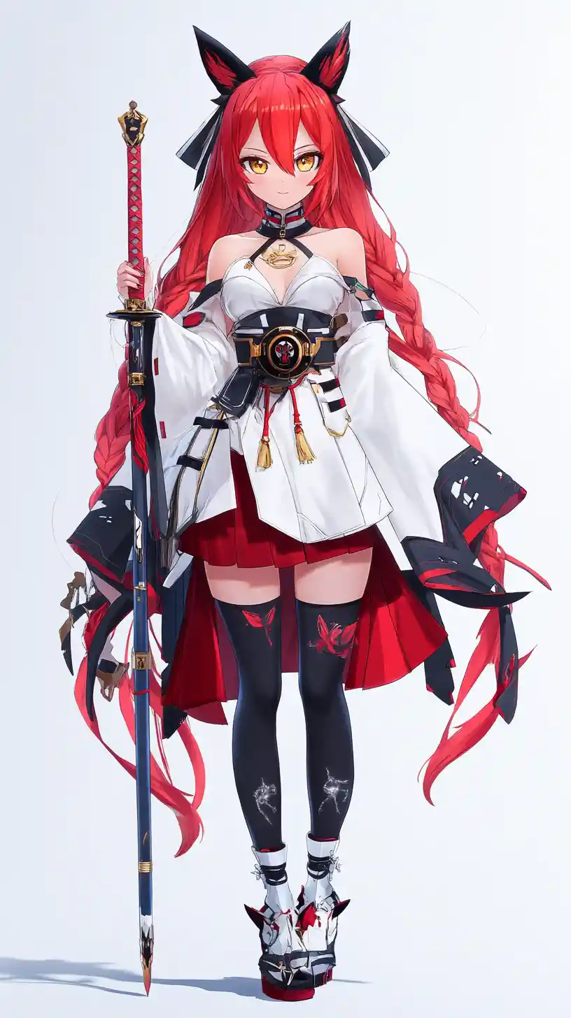 Anime girl with long crimson hair in detailed fantasy outfit
