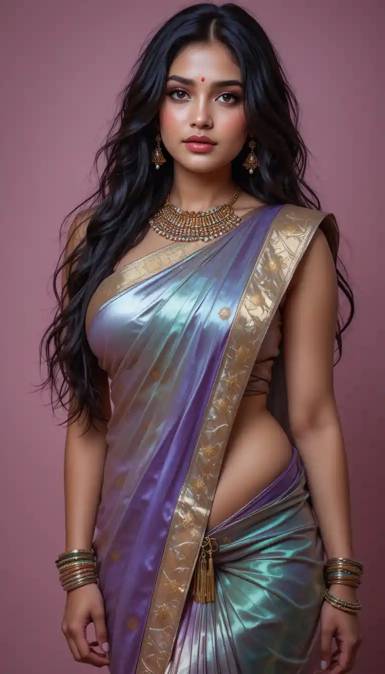 Tamil woman in glossy saree full body fashion pose
