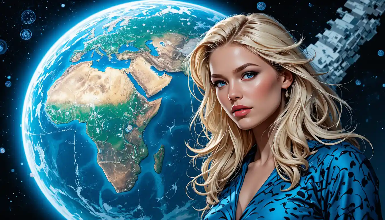 Blonde woman in blue blouse with glowing Earth behind her
