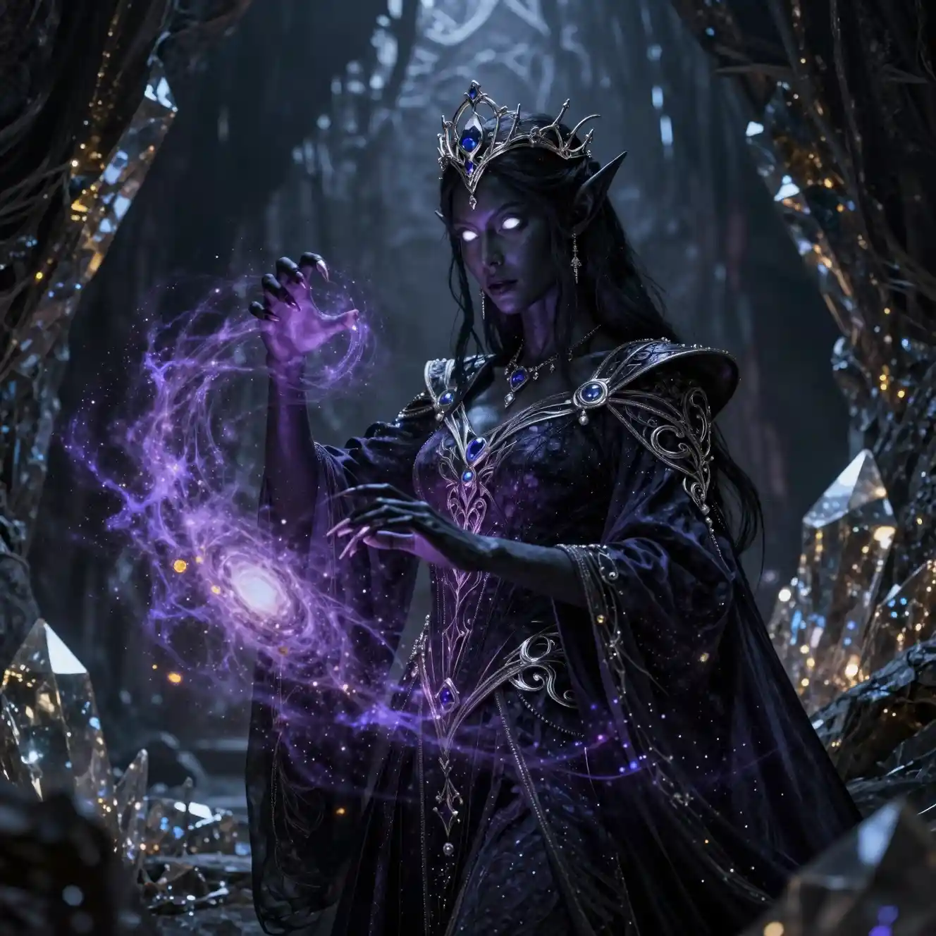 Dark elf sorceress casting cosmic magic in crystal cavern