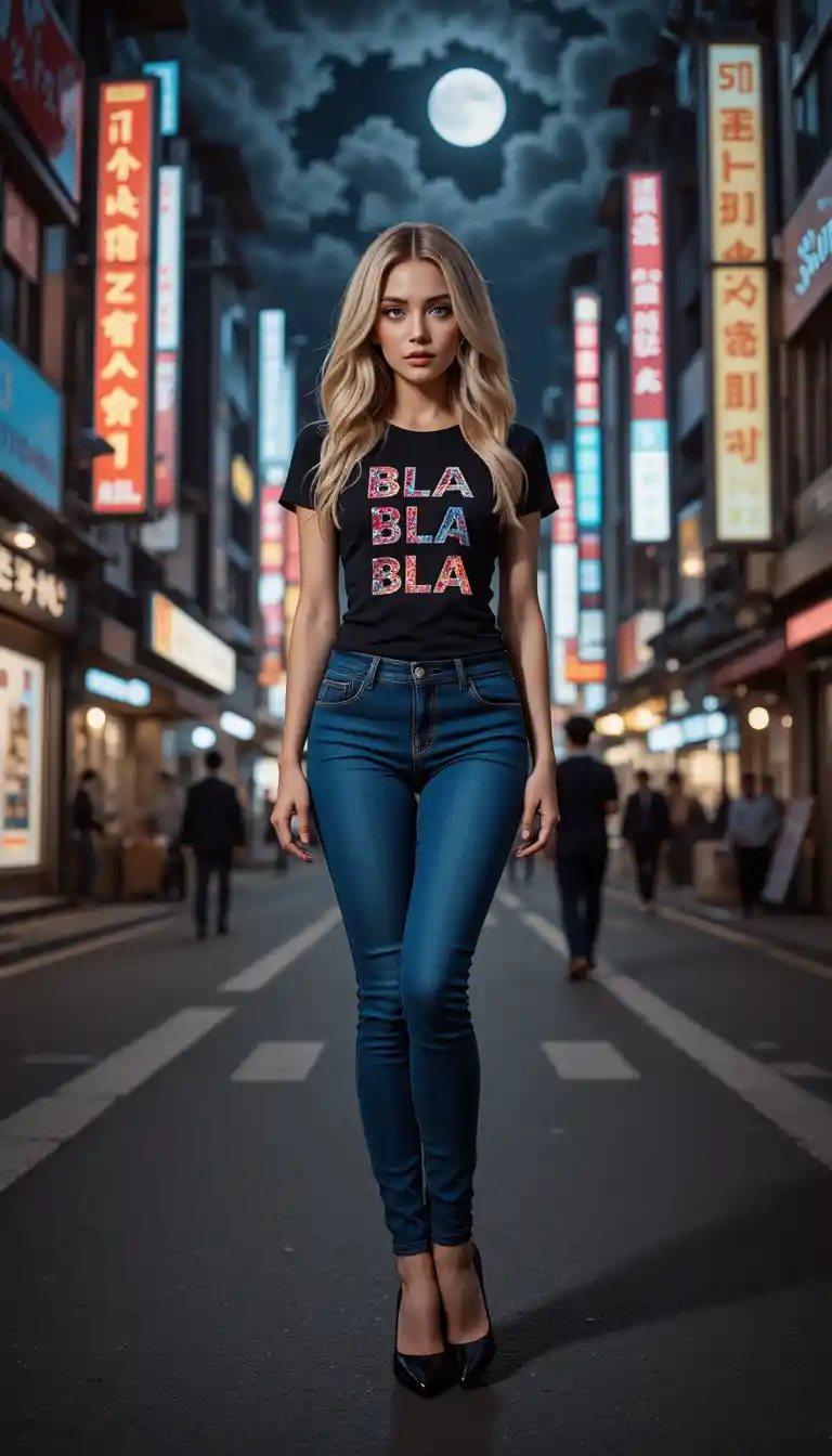 Blonde woman in blue jeans under neon lights at night