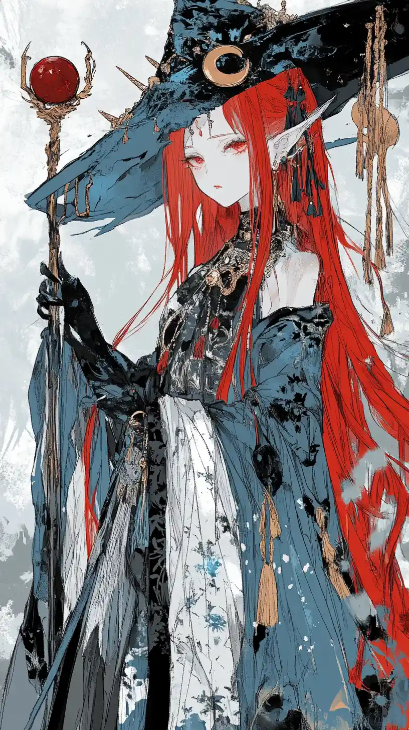 Anime witch girl holding a celestial staff in a lab