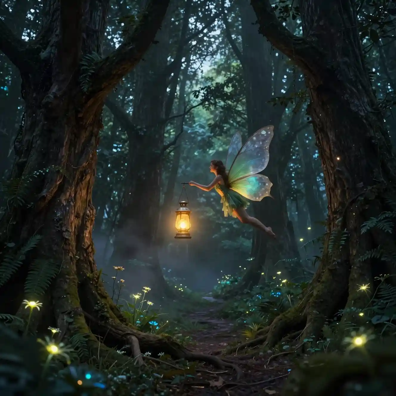 Fairy With Golden Lantern Flying Through Enchanted Forest