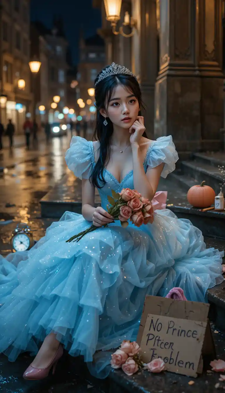 Modern cinderella in blue gown on rainy city steps