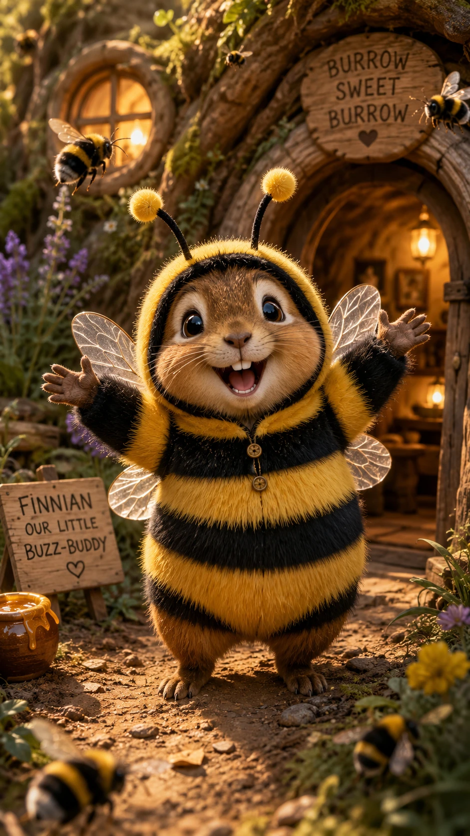 Joyful baby dressed in a playful bumblebee outfit