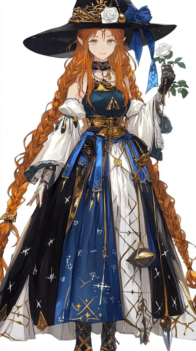 Red haired witch girl in blue starry dress with staff