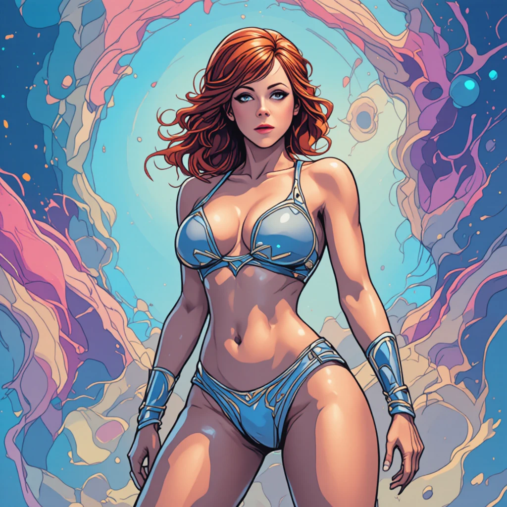 Curvy sci fi woman in micro bikini on vibrant alien world