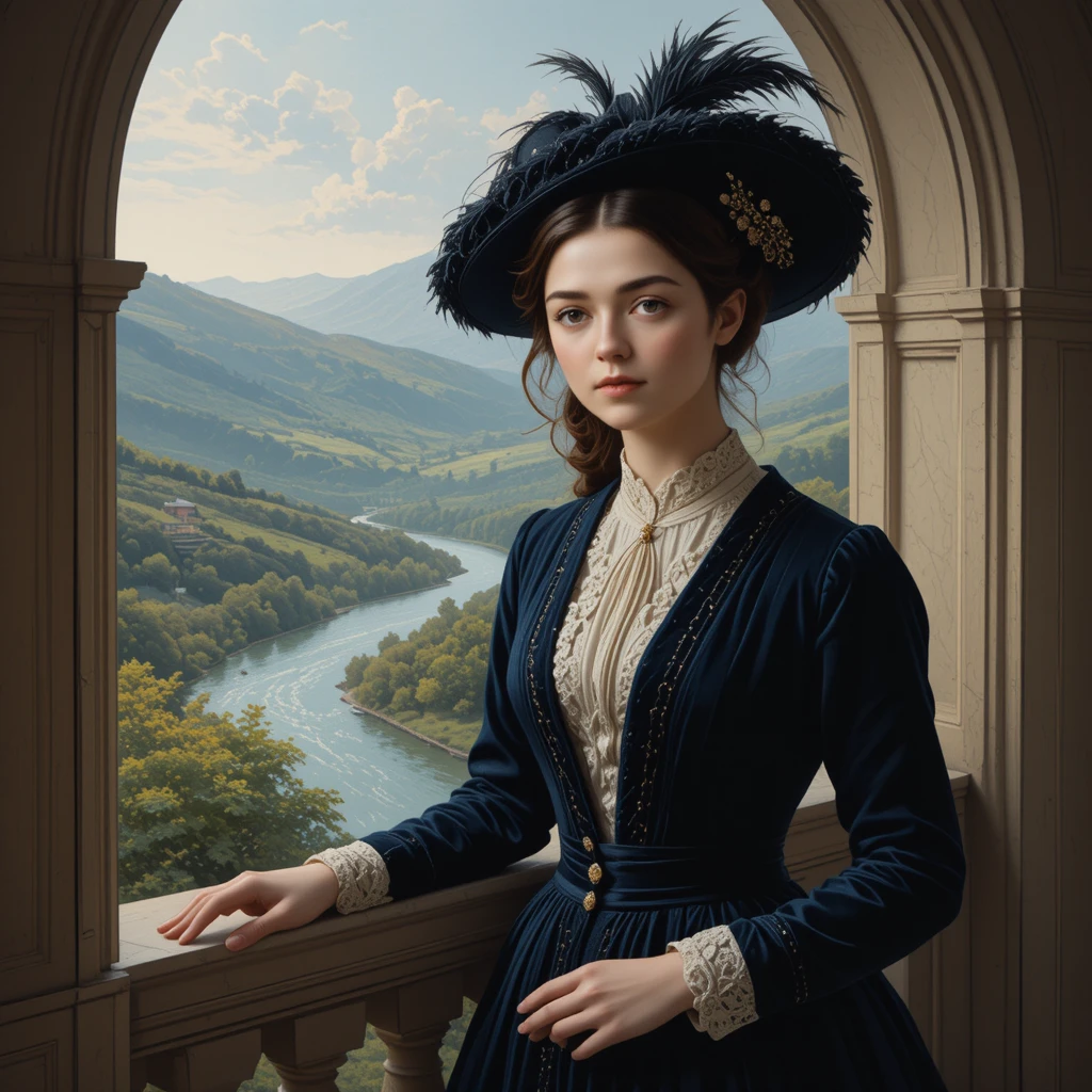 Victorian woman by a balcony overlooking a distant river