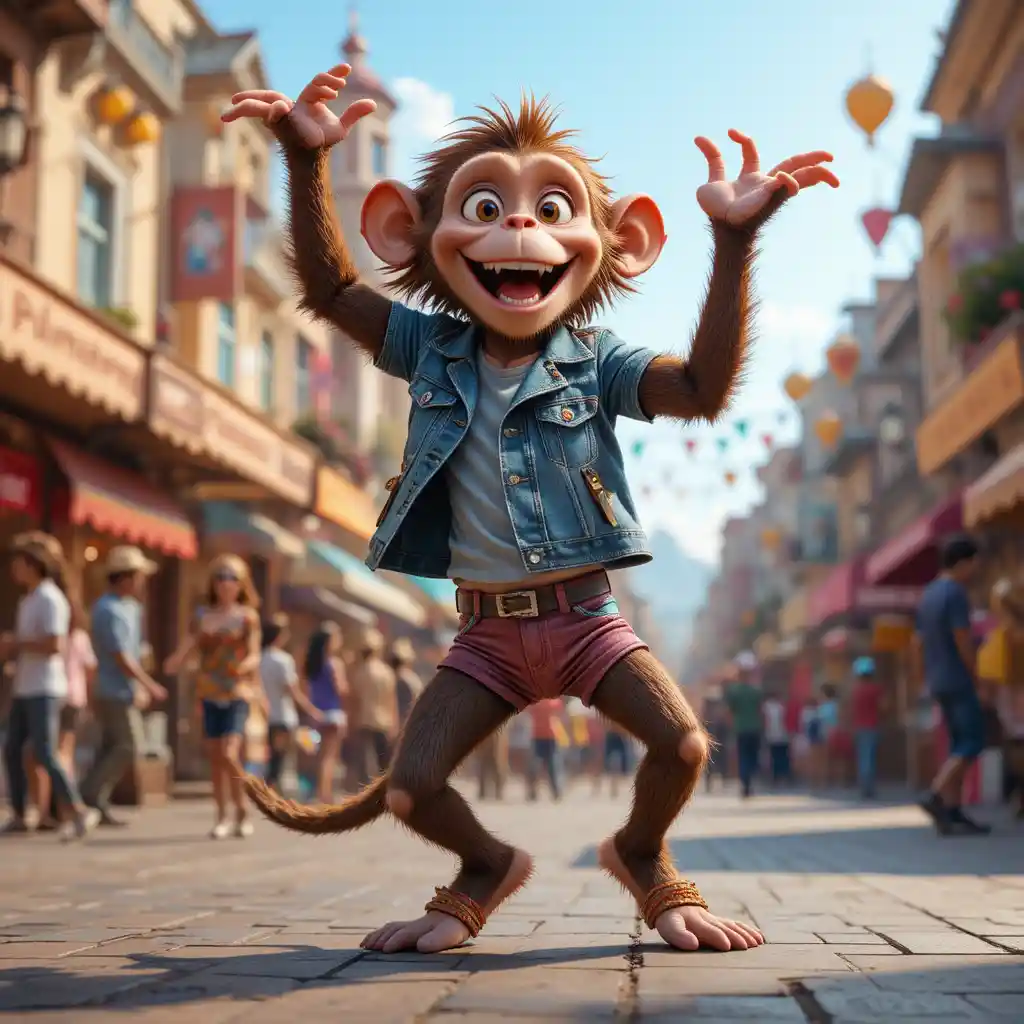 Dancing monkey performing in a lively street festival crowd
