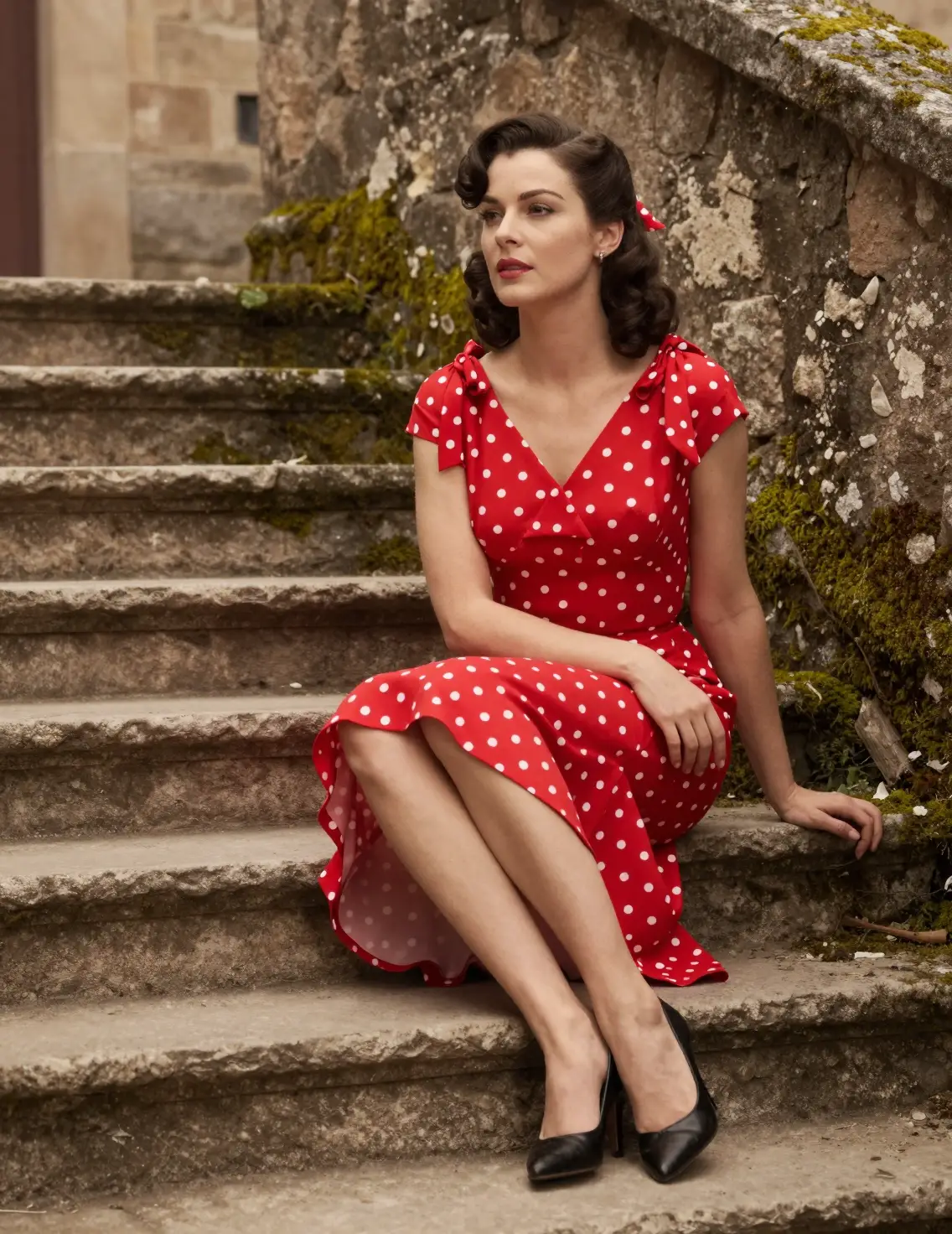 Elegant woman in red dress on ancient stone steps