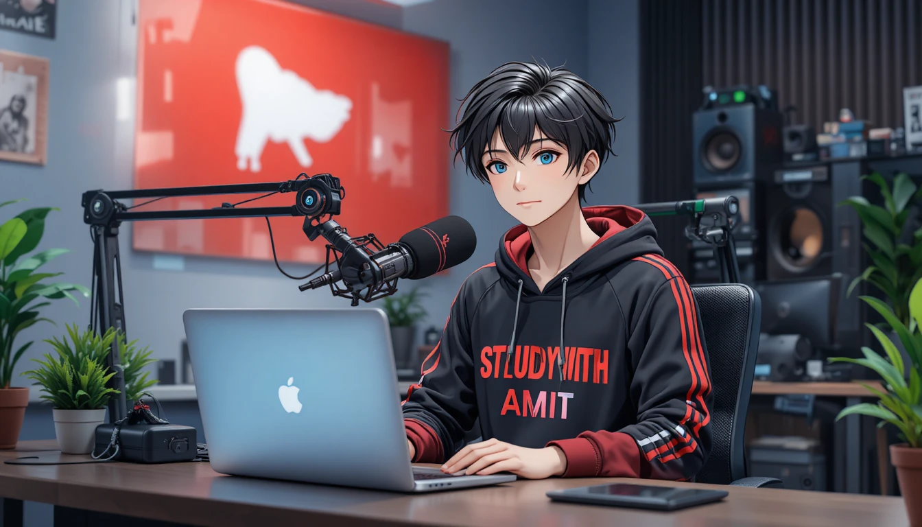 Anime boy streaming at a computer desk with microphone