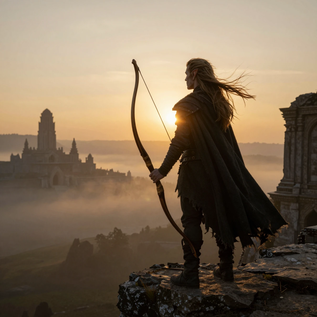 Elven ranger on ancient palace ruins at sunset