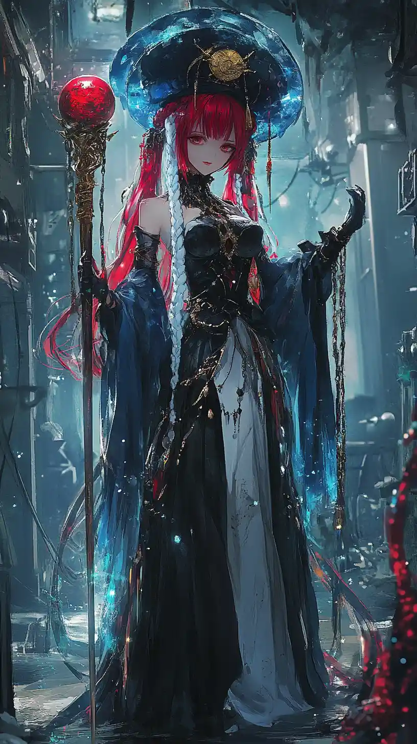 Anime witch girl in starry blue dress holding magic staff