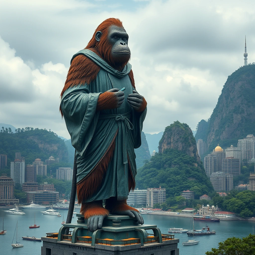 Giant robed ape statue towering over a harbor city