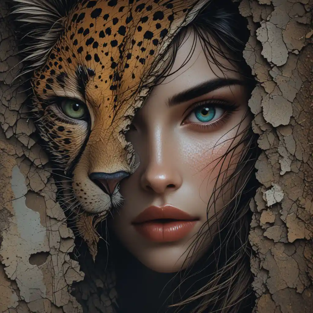 Woman merging with cheetah head in digital portrait
