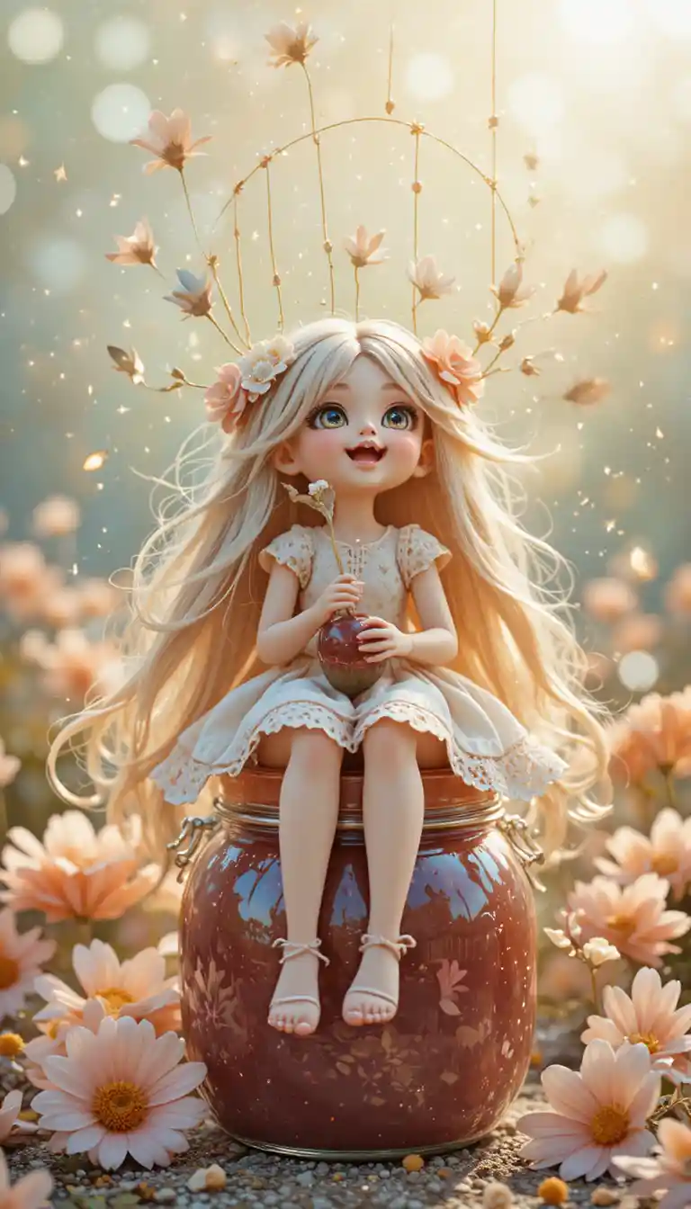 Pastel fairytale girl sitting on a jam jar laughing