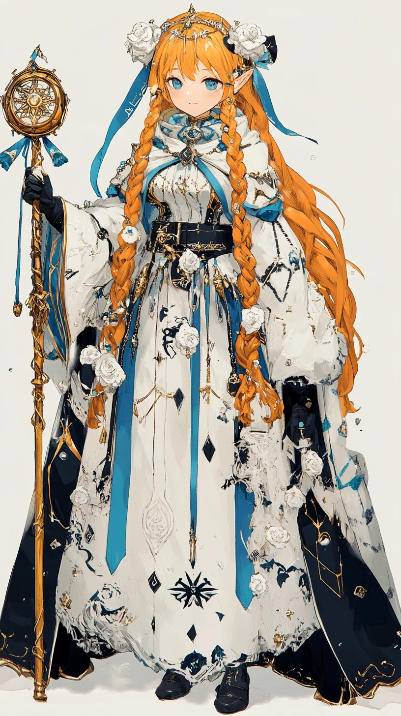 Red haired witch girl in blue starry dress with staff