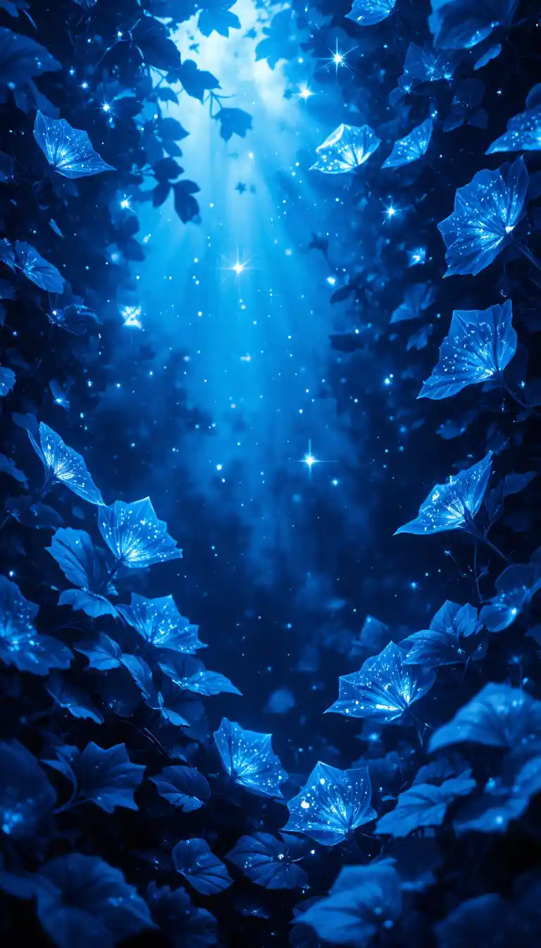 Glowing blue abstract brush touch over delicate leaves