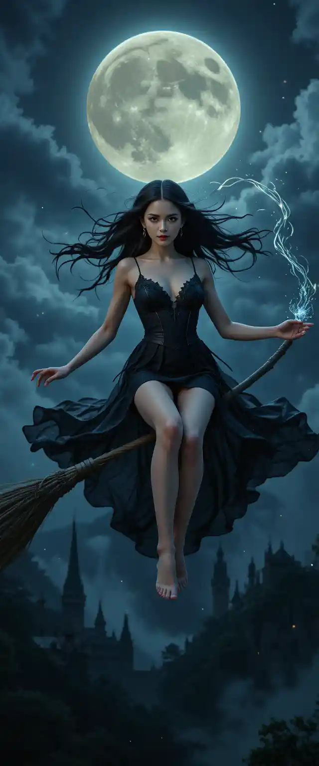 Young witch flying barefoot through the moonlit sky
