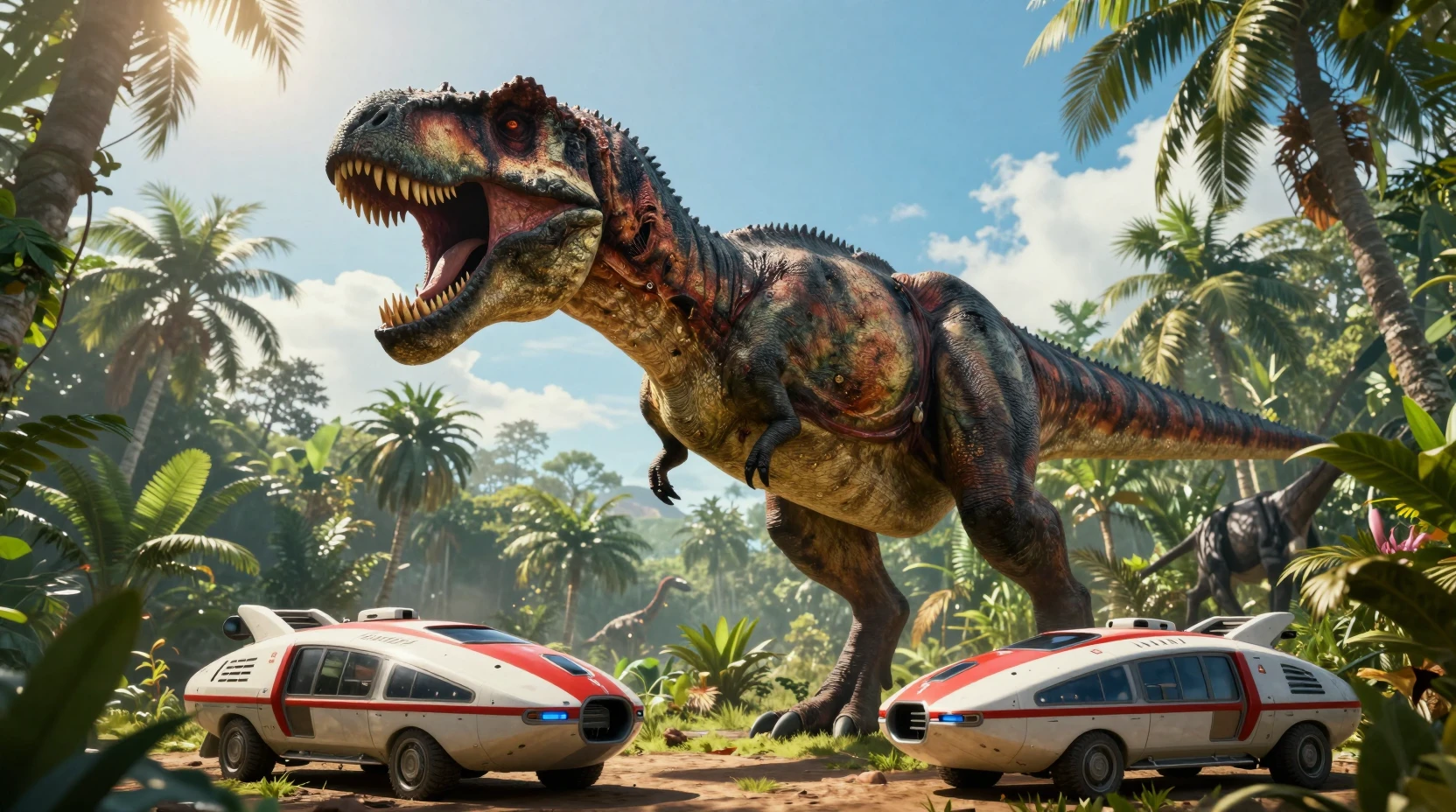 Roaring Tyrannosaurus Rex In A Sunlit Tropical Jungle