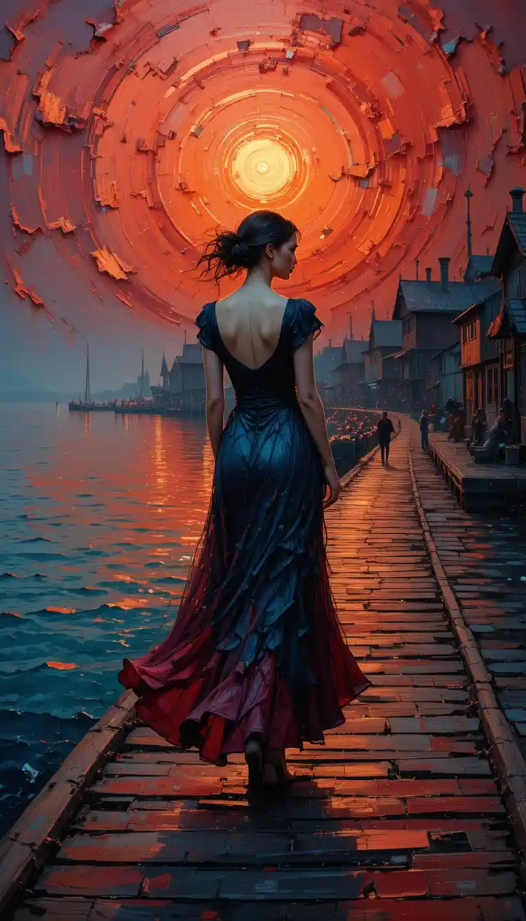 Woman walking on a dock in a seaside village at dusk
