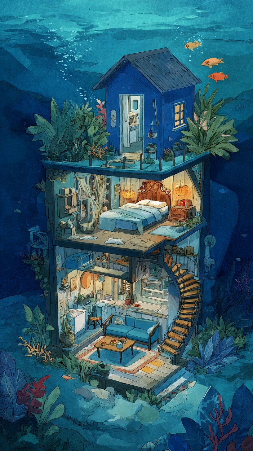 Underwater house cross section with cozy three floor interior