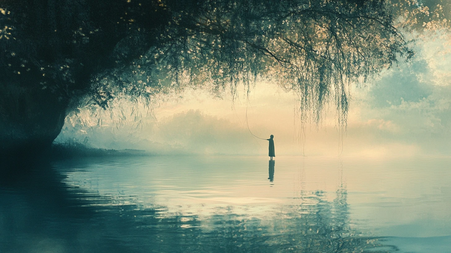 Man by a serene lake with surreal floating canopy