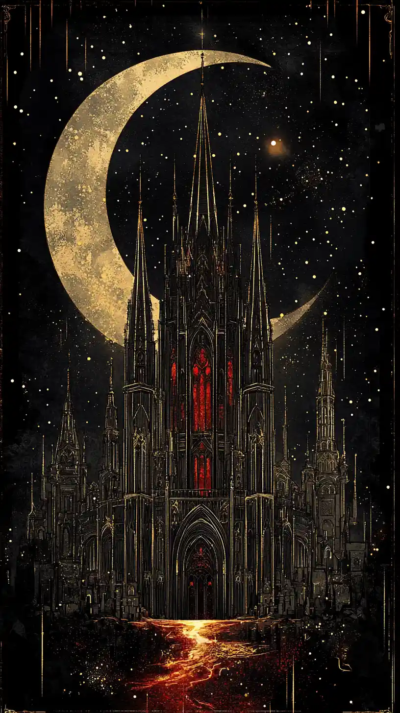 Gothic cathedral framed by crescent moon and golden stardust
