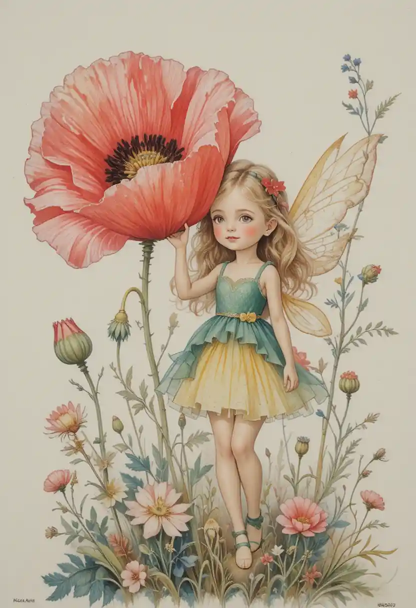Joyful poppy flower fairy in a pastel storybook scene