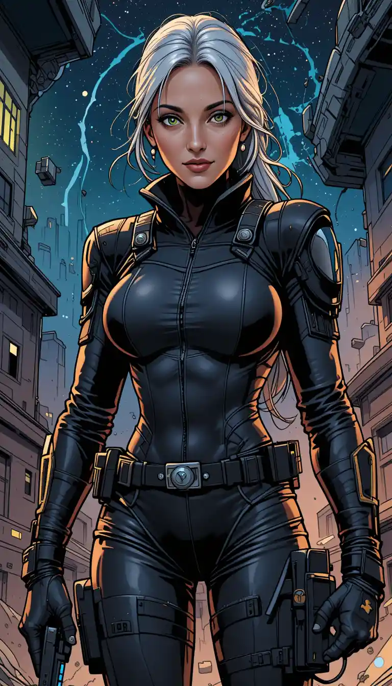 Psychic female bodyguard in tactical black sci fi attire
