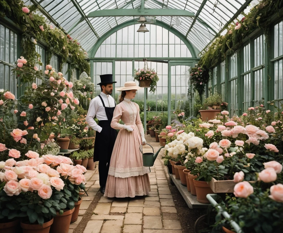 Victorian women tending roses in a glass greenhouse
