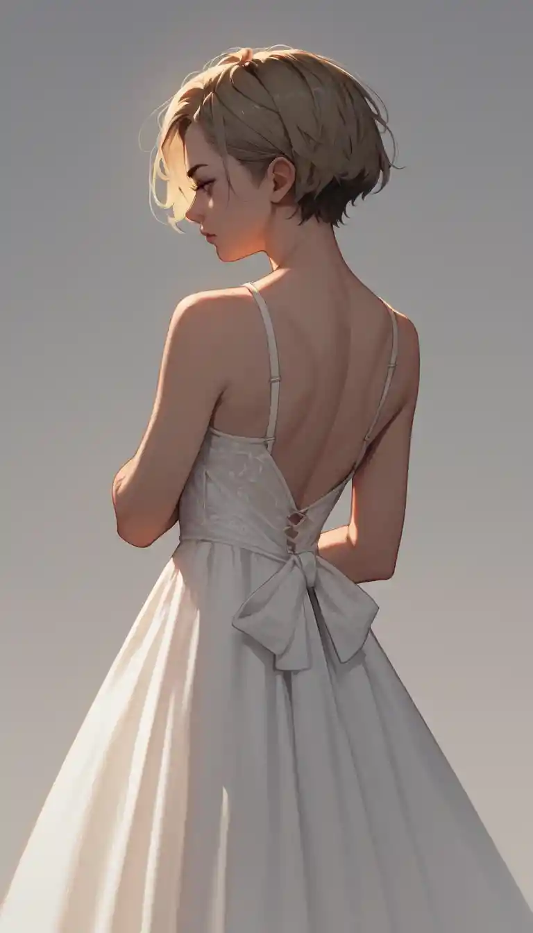 Woman In White Silk Dressing Gown With Short Blonde Hair
