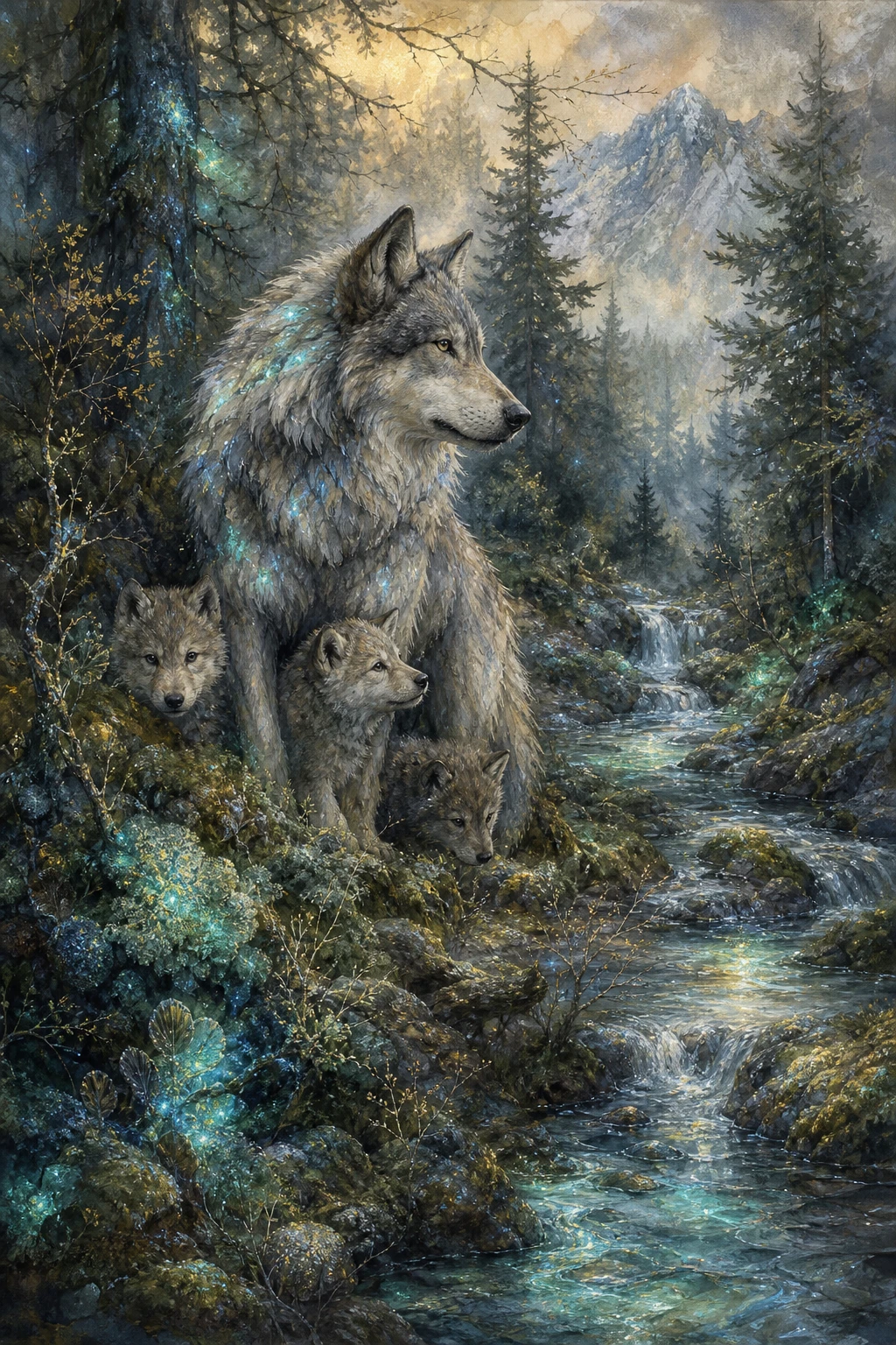 Wolf family mood board with glowing forest elements