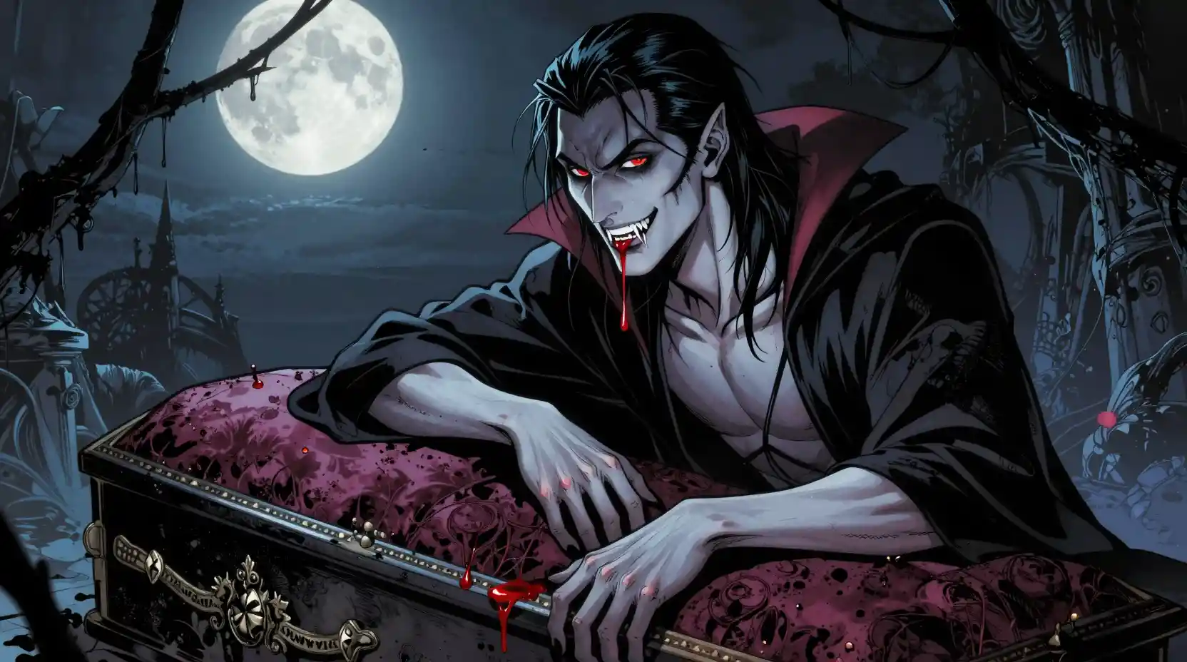 Brooding vampire on a coffin in the moonlit darkness