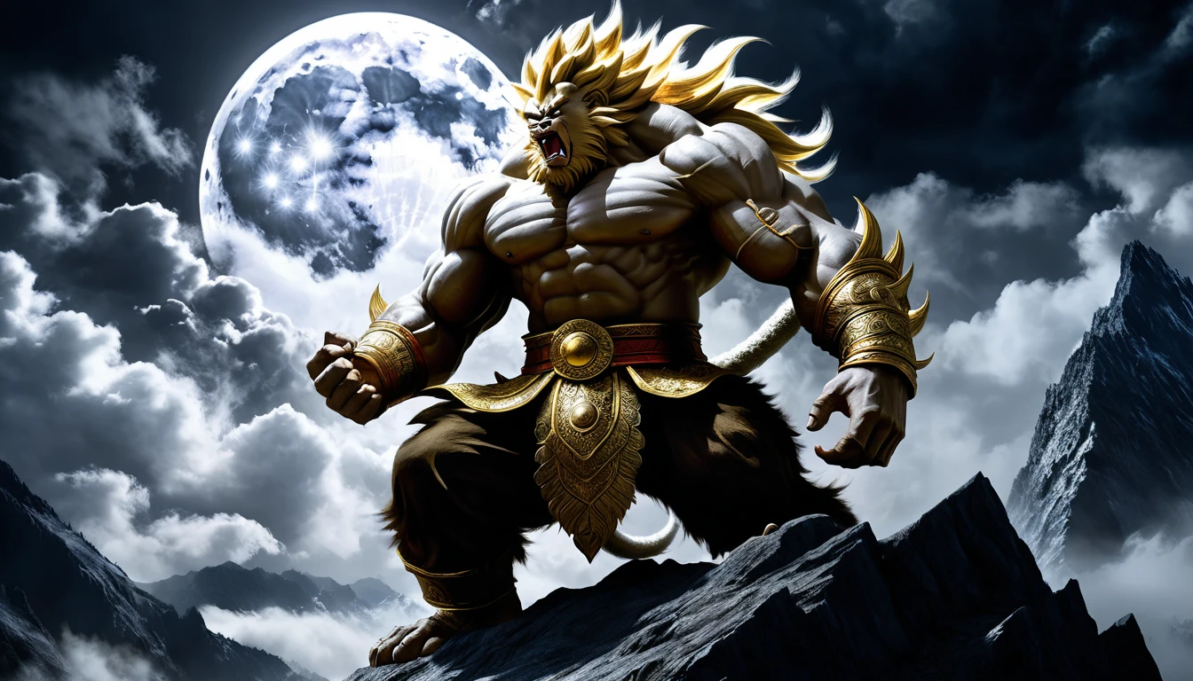 Giant ape roaring on mountain range under full moon