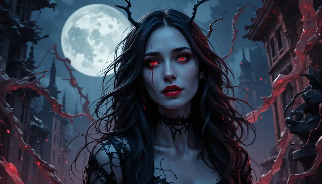 Vampire woman beneath a glowing full moon