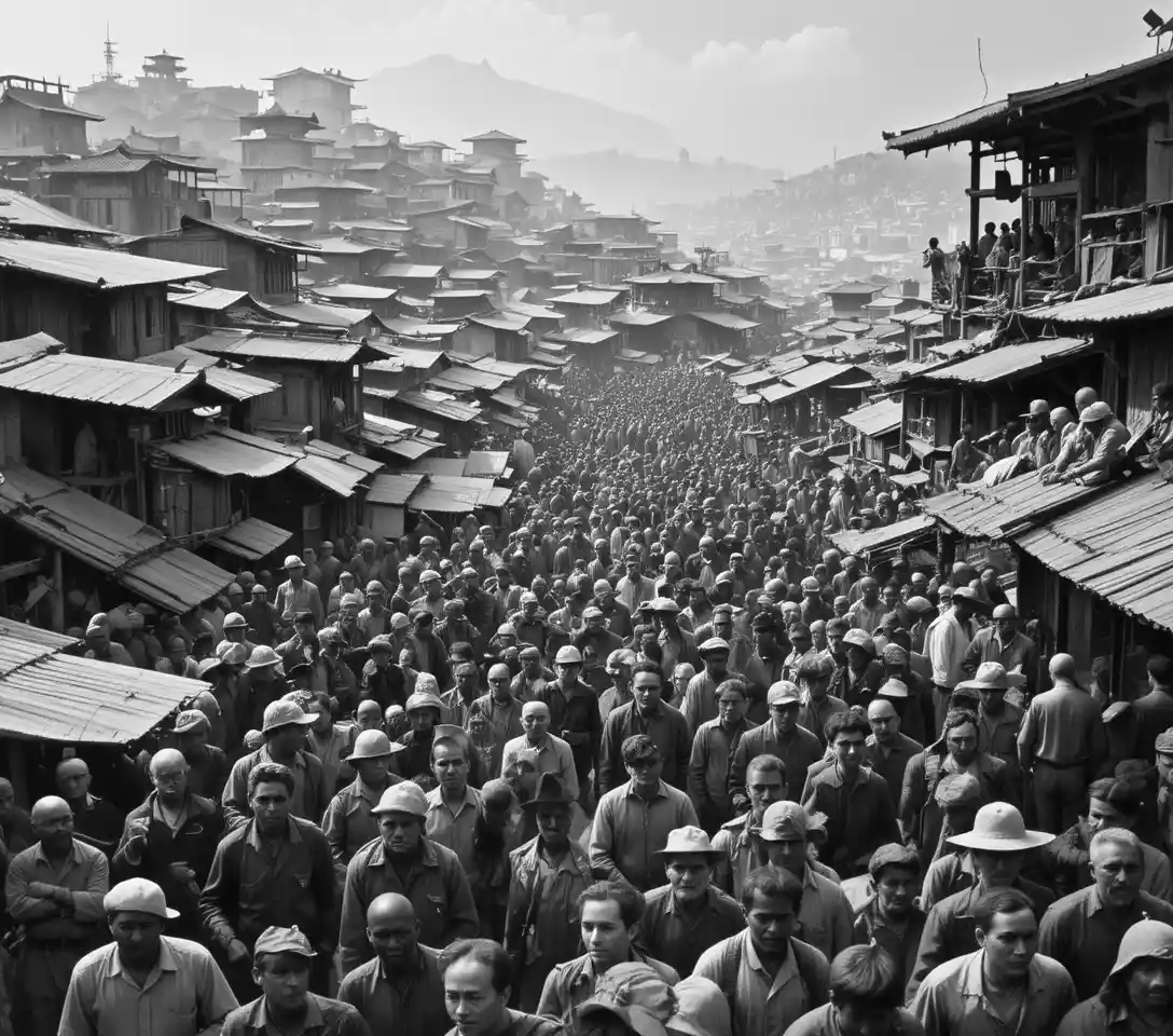 Wide city crowd scene in black and white monochrome