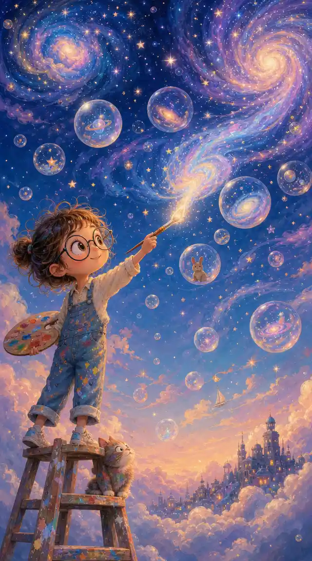 Child painting a glowing cosmic sky with swirling galaxies