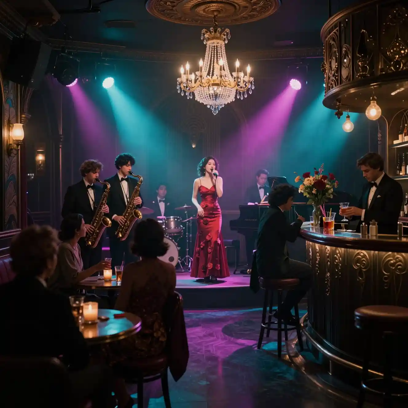 Singer in red dress performing in intimate jazz club