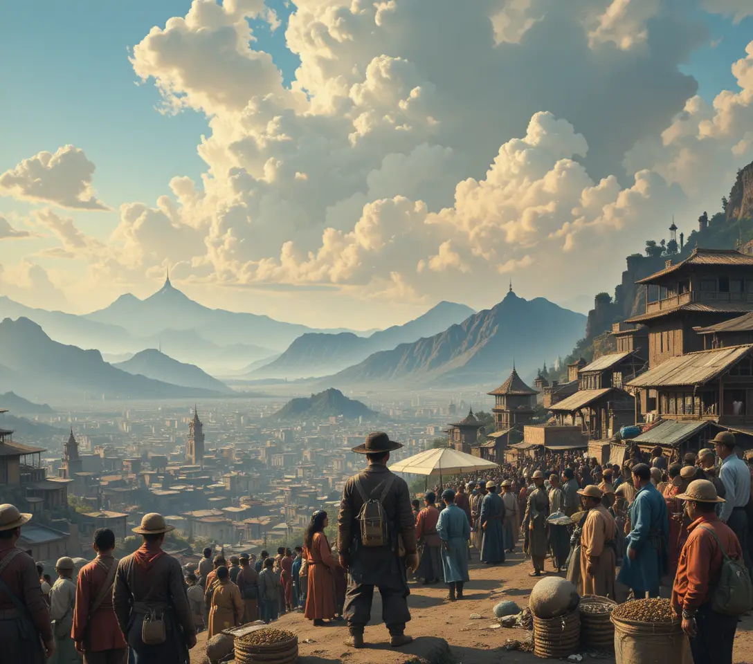 Wide view of crowded city life and human activity