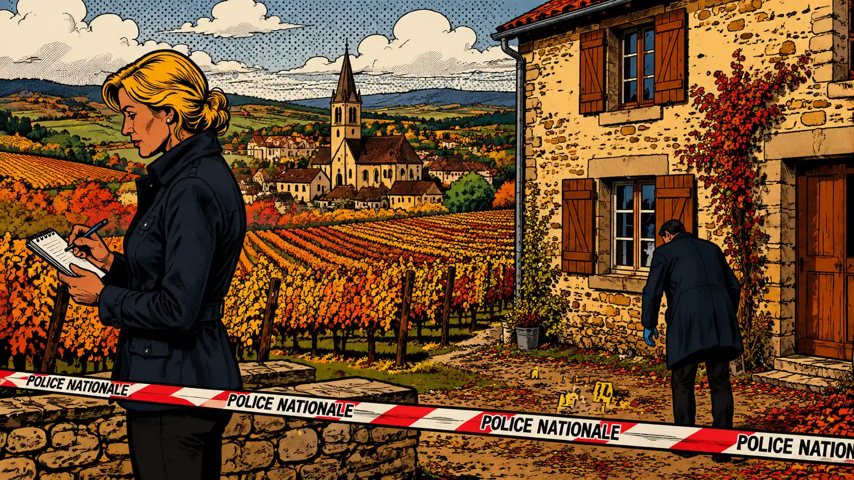 Police investigators at stone house in autumn vineyard