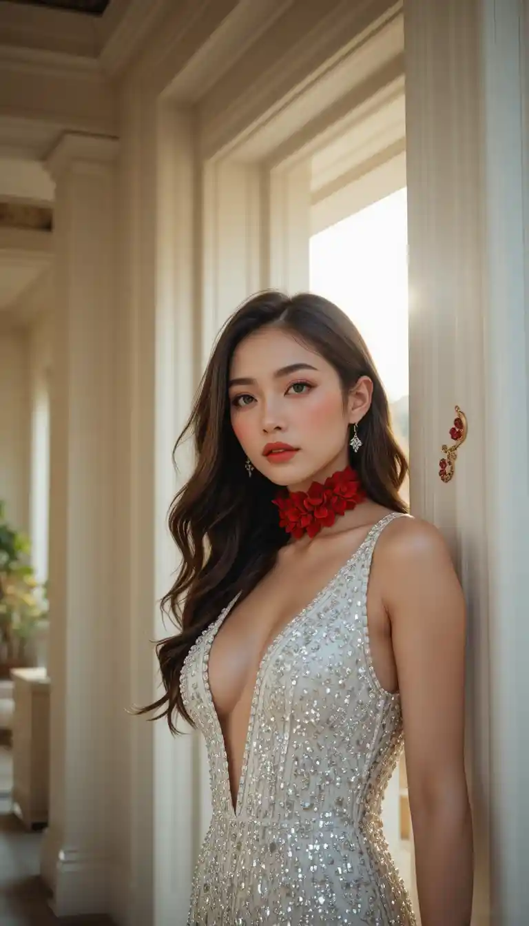 Elegant Japanese woman in rhinestone dress by white doorway