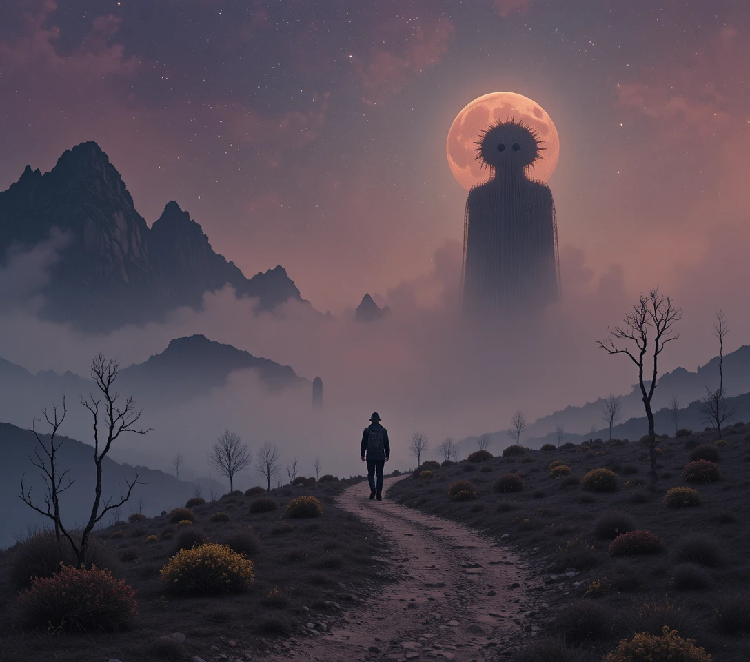 Lone traveler in a foggy landscape of eerie phantoms