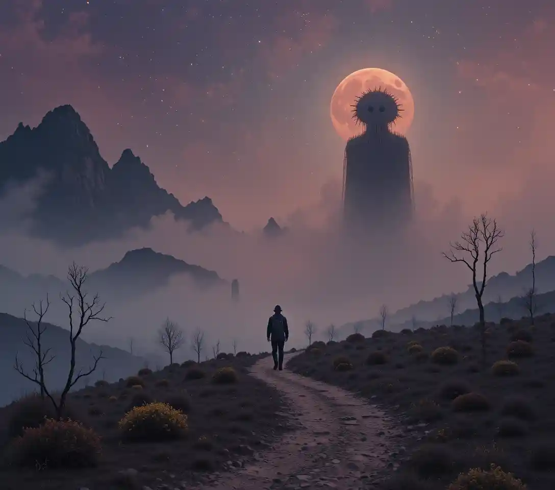 Lone traveler in a foggy landscape of eerie phantoms