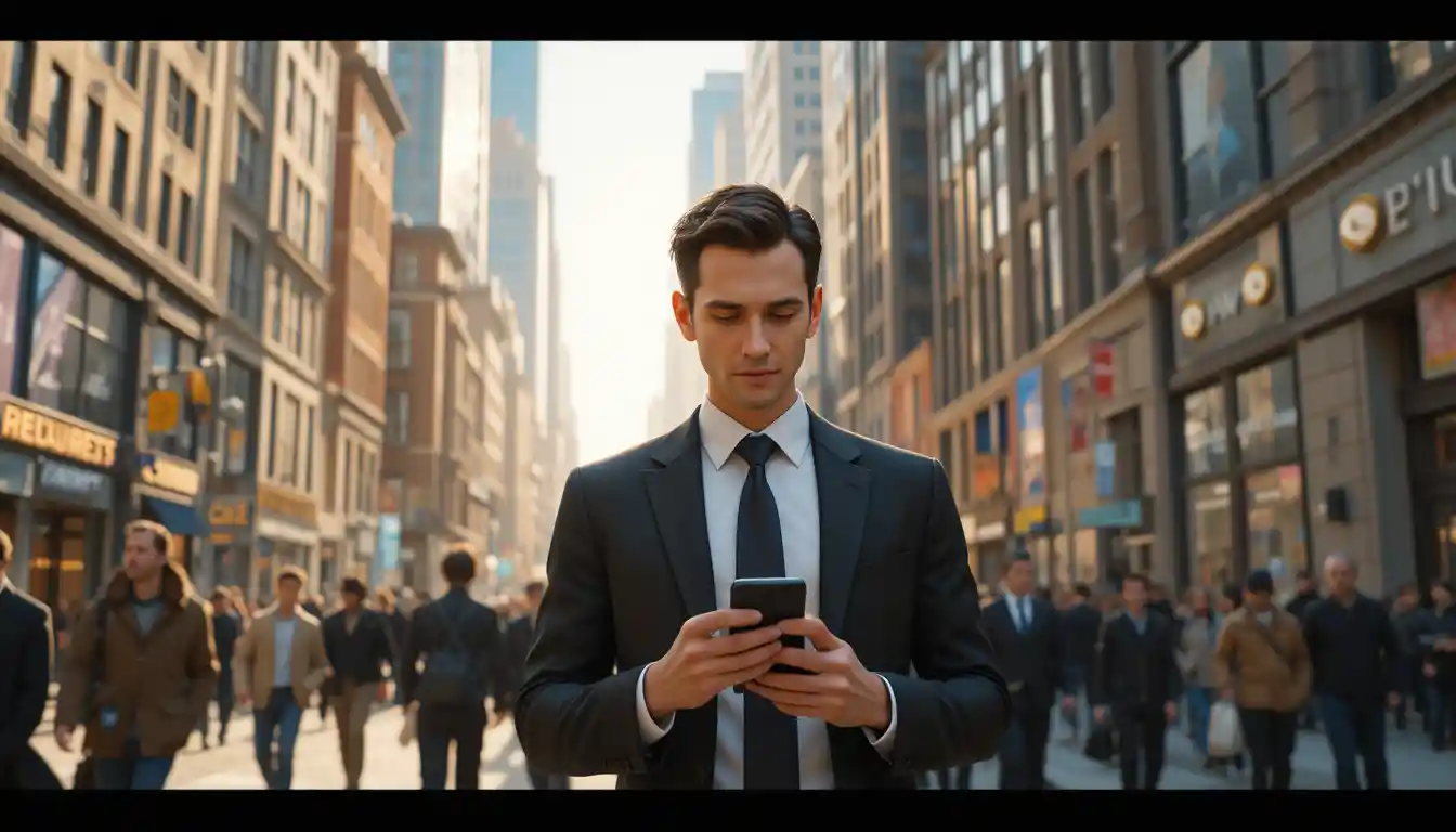 Businessman Walking Through Busy City Street With Smartphone