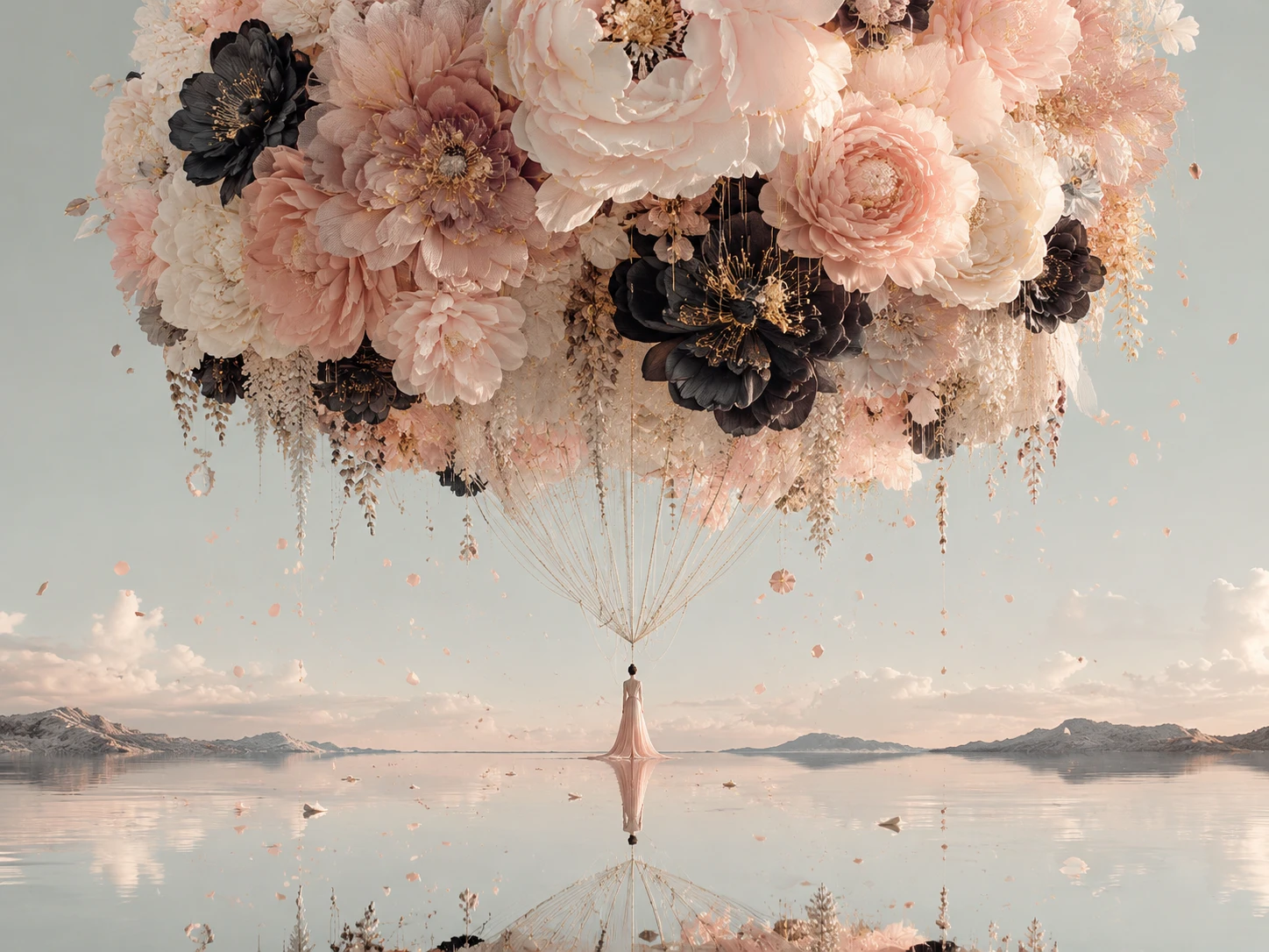 Floating floral dome reflected over still mirror water