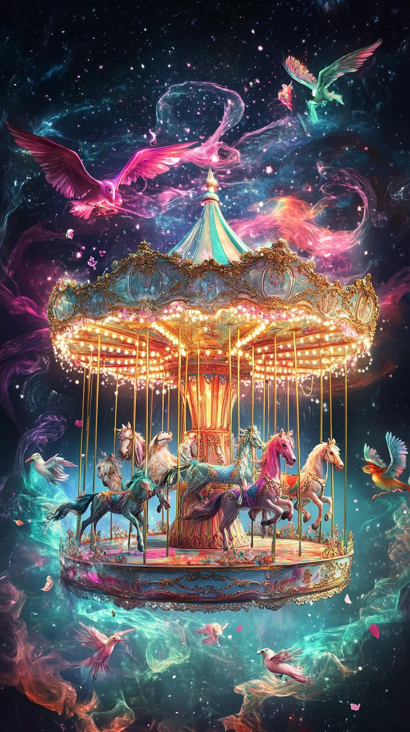 Floating carousel of fantastical creatures in a starry sky